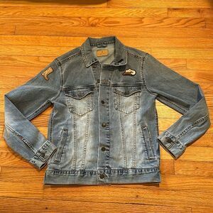 Denim cotton jean jacket western style book & hat appliqué pads size small